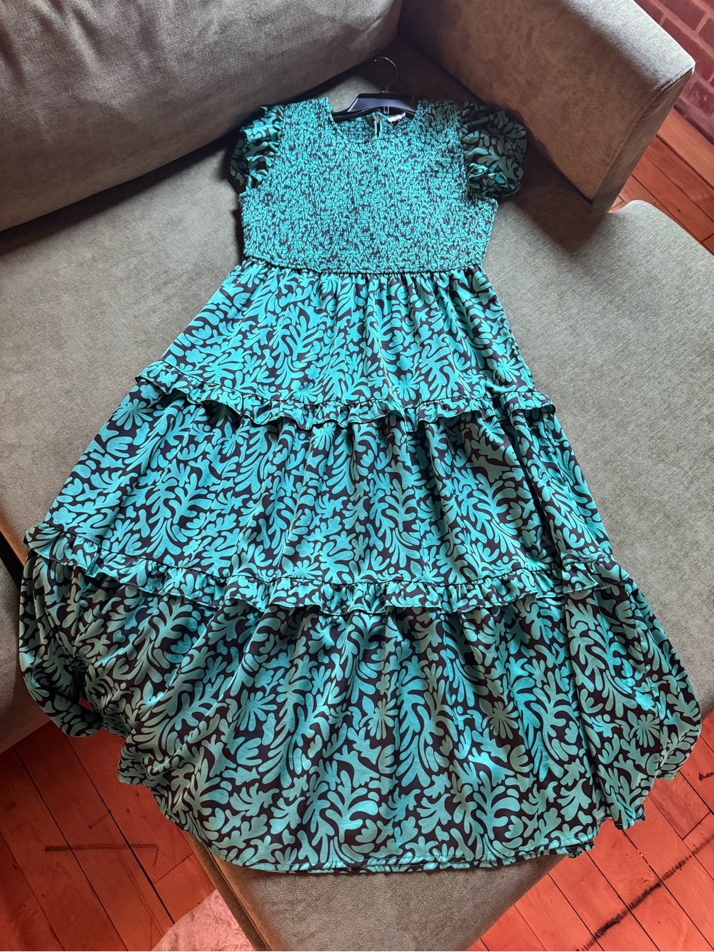 JODIFL Teal and Black Floral Smocked Midi Dress